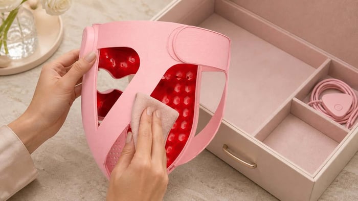Cleaning the inner contact surface of a pink INIA LED face mask with a soft cloth