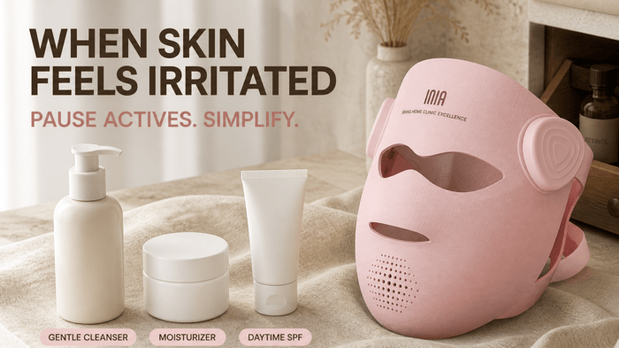INIA GLOW 4D beside gentle cleanser, moisturizer, and daytime SPF for an irritated-skin reset