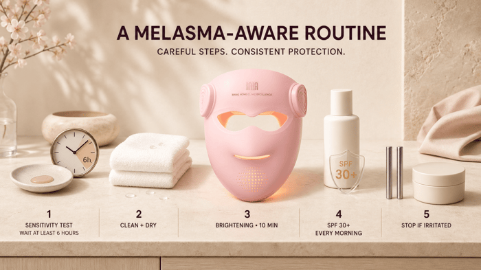 Five-step GLOW 4D routine with sensitivity test, clean dry skin, Brightening mode, morning SPF, and stop-if-irritated guidance