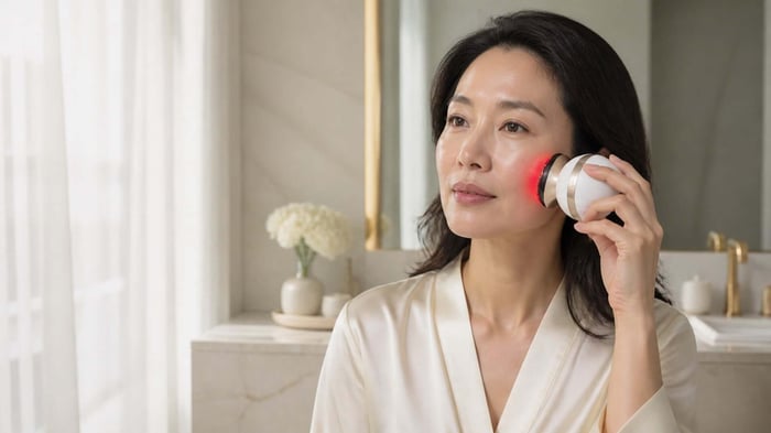 Woman using the INIA SPHERA multifunction beauty device on her cheek