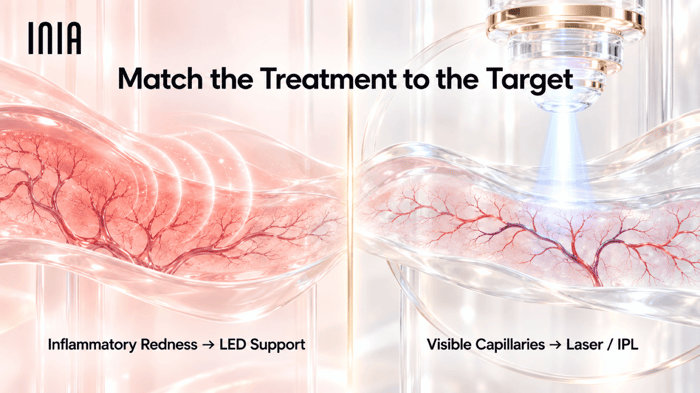 Illustration contrasting LED support for inflammation-driven redness with professional laser or IPL for visible capillaries