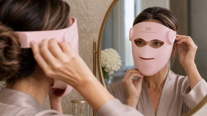 Woman adjusting an INIA GLOW 4D mask in a mirror to balance the eye openings, nose bridge, and straps