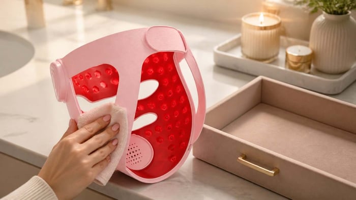 Hand wiping the inside of a pink INIA LED face mask after use