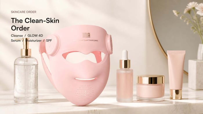 Clean-skin routine showing cleanser, INIA GLOW 4D, serum, moisturizer, and SPF in order