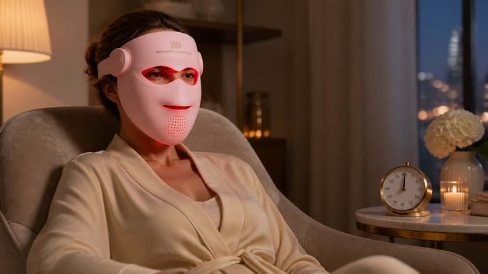 Woman wearing a pink INIA LED face mask during a timed evening session