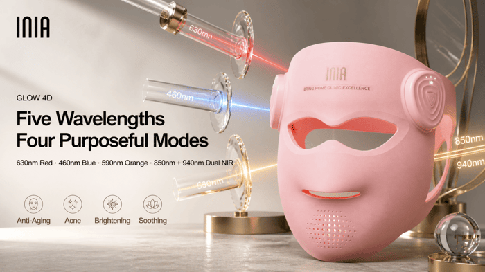 INIA GLOW 4D mask with 630nm red, 460nm blue, 590nm orange, and 850nm plus 940nm dual near-infrared wavelengths
