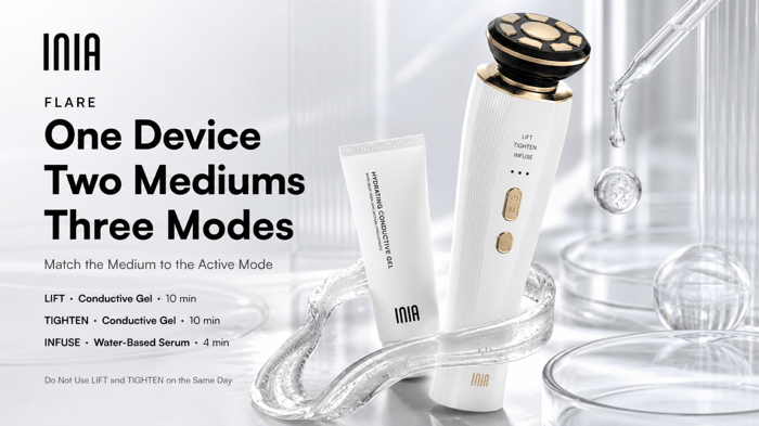 INIA FLARE mode map showing conductive gel for LIFT and TIGHTEN and water-based serum for INFUSE