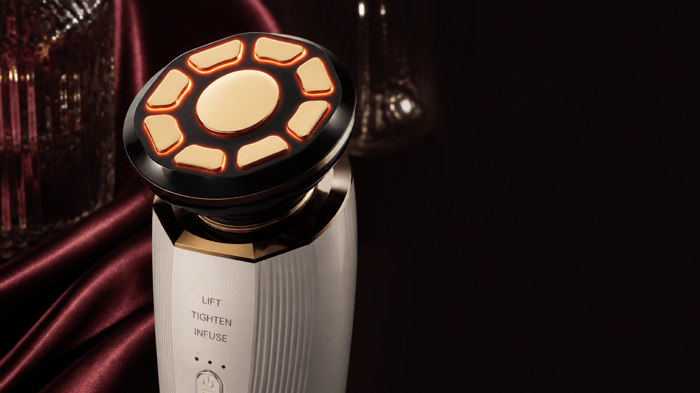 Close-up of the illuminated INIA FLARE electrode head and its LIFT, TIGHTEN, and INFUSE mode labels