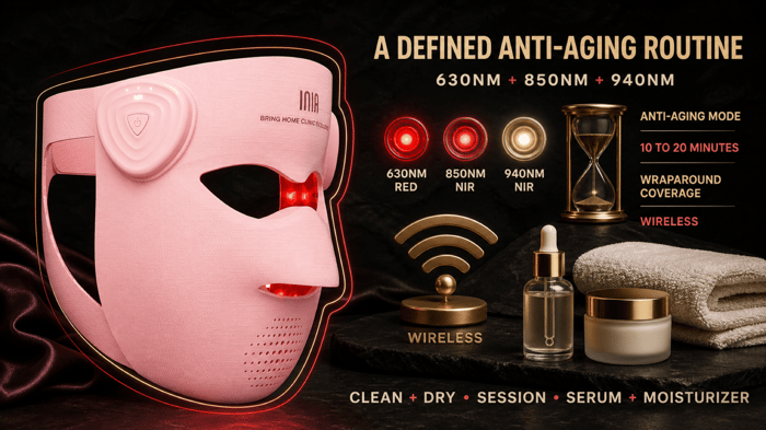 INIA GLOW 4D Anti-aging Mode with 630nm red light, 850nm and 940nm near-infrared light, 10 to 20 minute timing, wraparound coverage, and wireless use