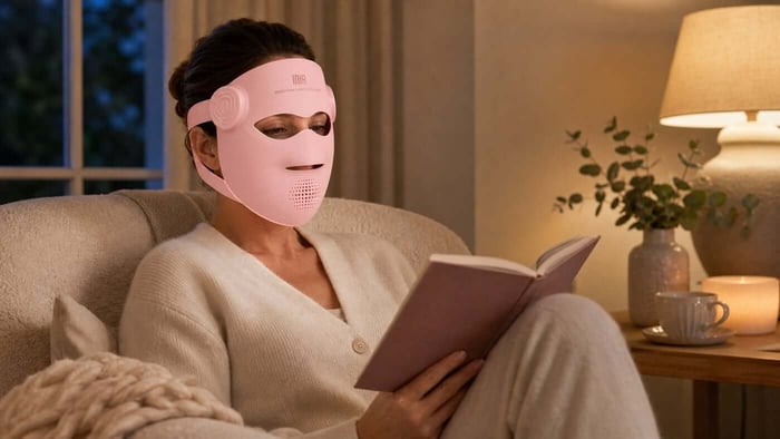 Woman reading comfortably while wearing the cordless INIA GLOW 4D LED mask