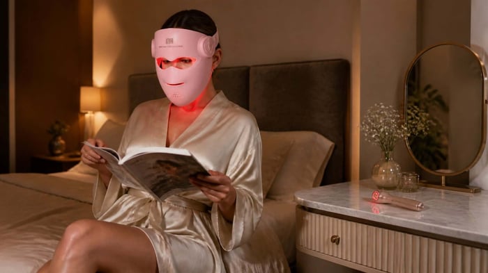 Woman reading while wearing a pink INIA GLOW 4D mask, with a handheld red light wand resting nearby