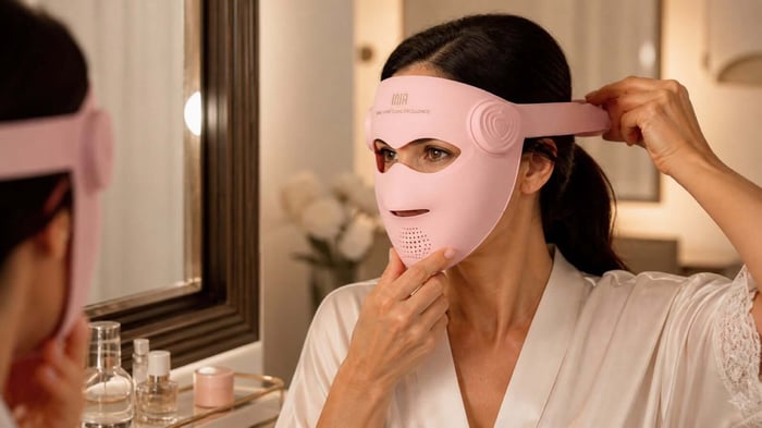 Woman adjusting a pink INIA LED face mask while looking in a mirror