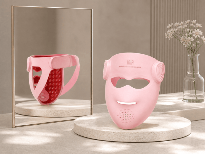 INIA GLOW 4D wireless LED mask shown from the front and inside