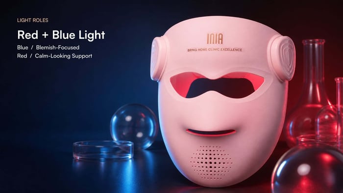 INIA GLOW 4D mask shown with blue and red lighting to illustrate the complementary roles of blue and red LED light
