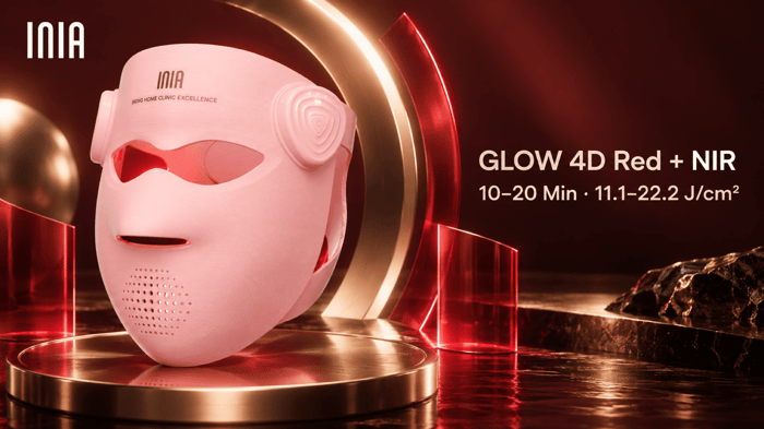 INIA GLOW 4D Red and NIR mode with a 10–20 minute session and 11.1–22.2 J/cm² nominal surface dose