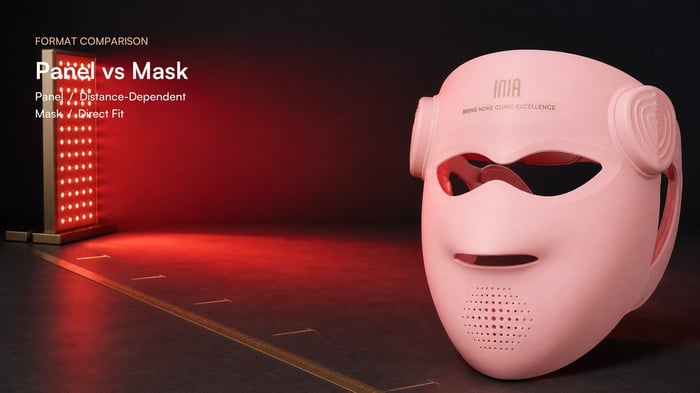 Red light panel shown with distance markers beside a close-fitting INIA LED face mask