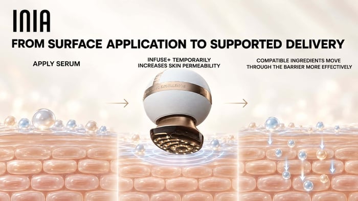Three-step illustration showing serum application, SPHERA INFUSE+ electroporation, and supported ingredient delivery through the skin barrier