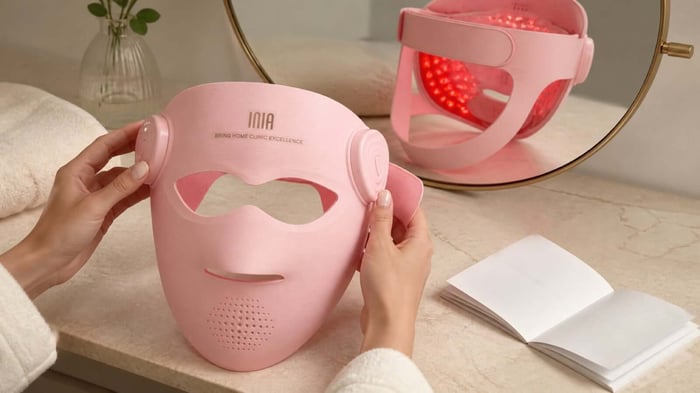 Hands inspecting a pink INIA LED face mask and its controls beside the instructions