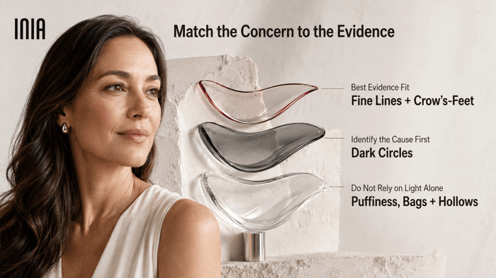Guide matching fine lines, dark circles, puffiness, bags and hollows to red light evidence