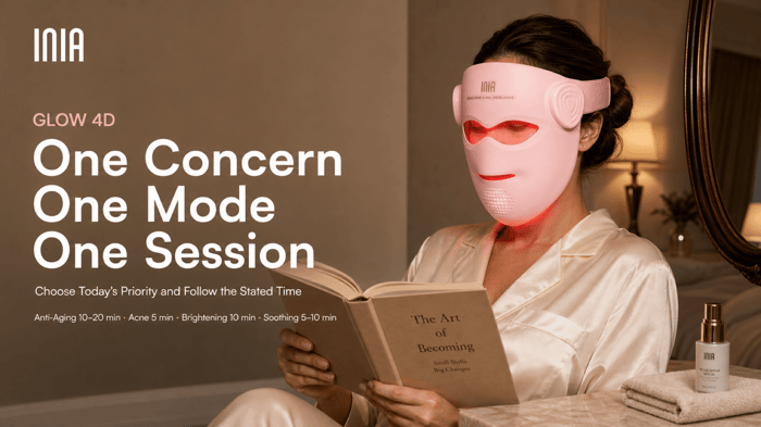 Woman using an INIA GLOW 4D mask with the guidance one concern, one mode, one session