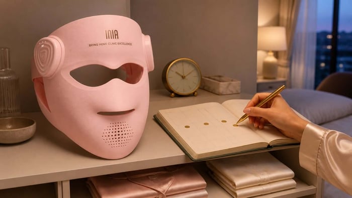 Pink INIA GLOW 4D mask beside a calendar and clock for planning a four-week schedule