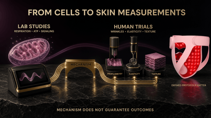 Diagram separating laboratory measurements of mitochondrial activity from human measurements of wrinkles elasticity and texture