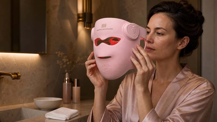 Woman holding an illuminated pink INIA GLOW 4D mask beside her clean face before applying skincare