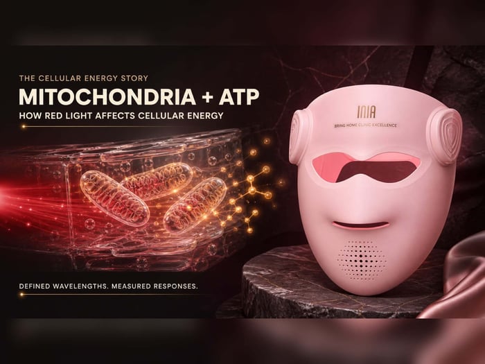 INIA GLOW 4D mask beside an illustration of mitochondria and ATP cellular energy
