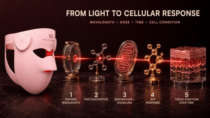 Five-step diagram showing defined wavelength, cellular photoacceptor, mitochondrial signaling, ATP response, and tissue function over time
