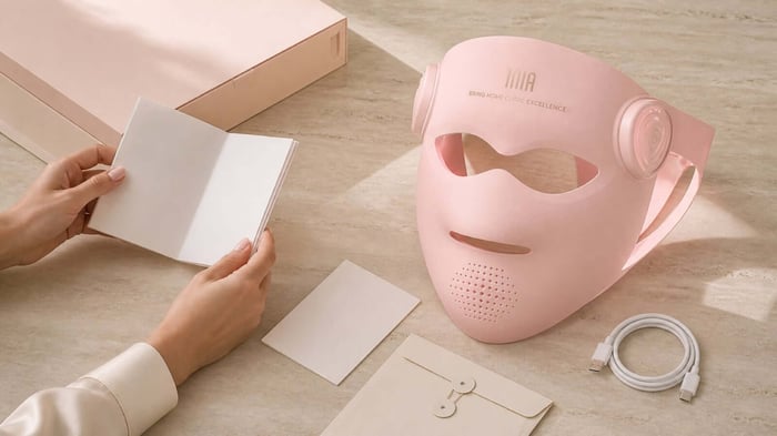 Pink INIA LED face mask beside its instructions, packaging, and USB charging cable
