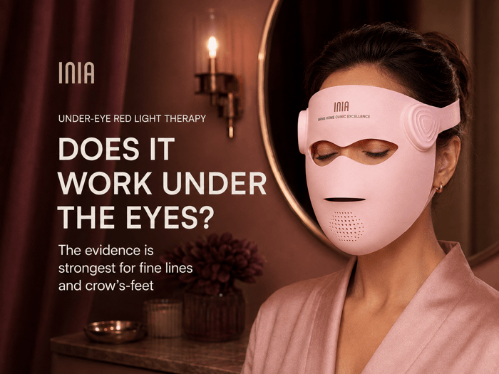 Woman wearing an INIA GLOW 4D mask for an under-eye fine-line routine