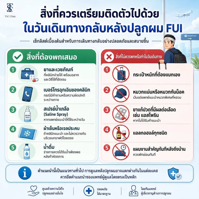 สิ่งที่ควรเตรียมติดตัวไปด้วยในวันเดินทางกลับหลังปลูกผม FUI