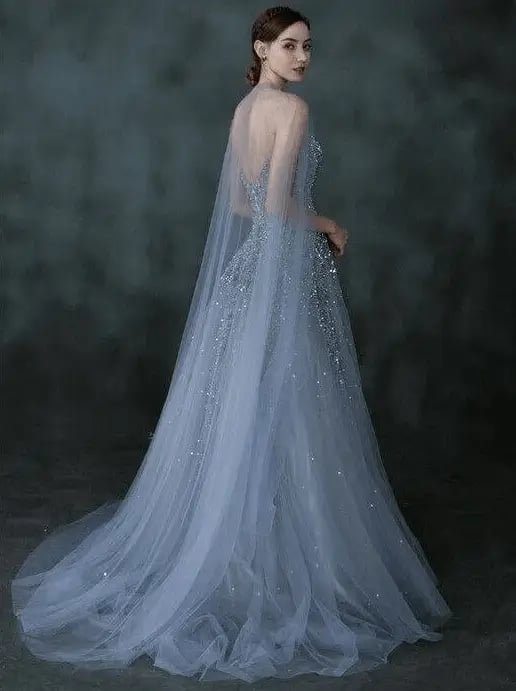 Strapless-Dusty-Blue-Long-Formal-Dress-with-Cape
