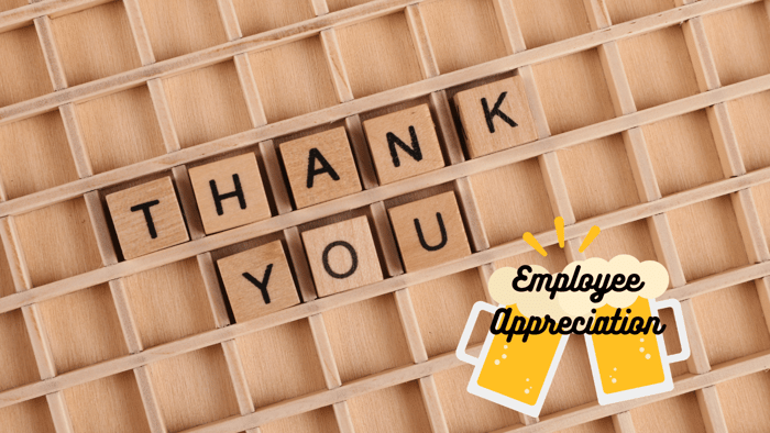 Thank you message with two beer mugs clinking together, symbolizing employee appreciation in the brewery industry.
