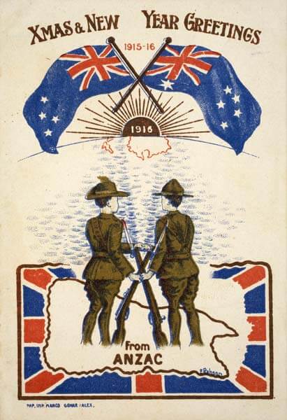 The mateship that developed between Australian and New Zealanders serving in Gallipoli during 1915 is reflected in this Christmas card.