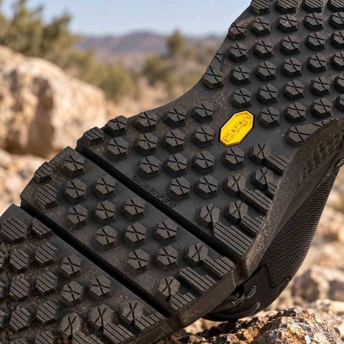 Outsole of Under Armour Charged Valsetz Zip Mens Tactical Hiking Boots in Black