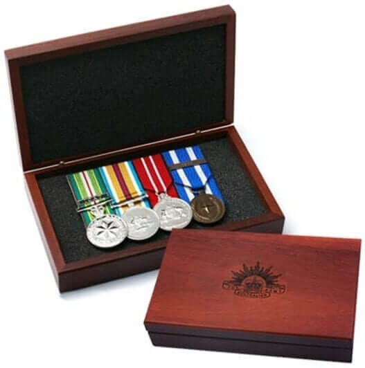 Jarrah Medal Case w/Army Rising Sun Beautiful Jarrah medal box with room for up to 10 court mounted medals. Laser engraved on the lid with the Army Rising Sun This box is perfect for keepmg those family medals or other heirlooms safe an