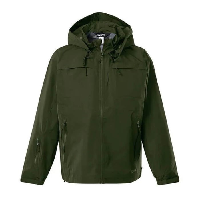 A green jacket with a hood  Description automatically generated
