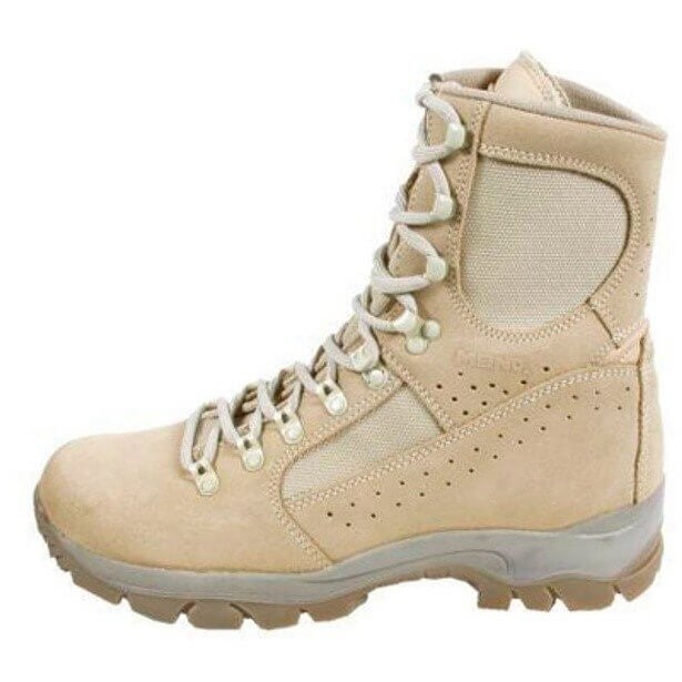 A tan boot with white laces  Description automatically generated