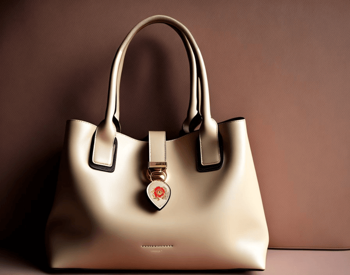 A tan purse with a gold heart on it