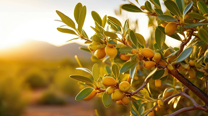 jojoba tree in bloom with fruit