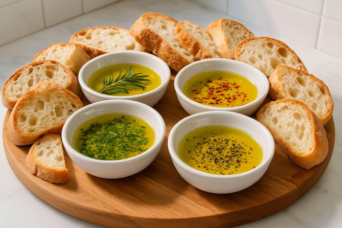 bread-dipping platter with various olive oils - olive oil gift sets