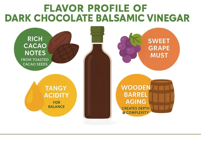 Infographic showing the flavor profile of Dark Chocolate Balsamic Vinegar with sections for rich cacao notes from toasted cacao seeds, sweet grape must, tangy acidity for balance, and wooden barrel aging that creates depth and complexity - how to use dark chocolate balsamic vinegar infographic 