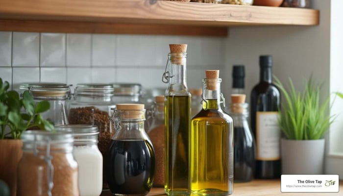 pantry shelf with oils and vinegars - balsamic vinegar healthy