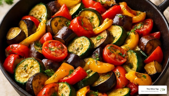 Colorful roasted vegetables in a large pan with herbs and olive oil - Mediterranean cooking with olive oil