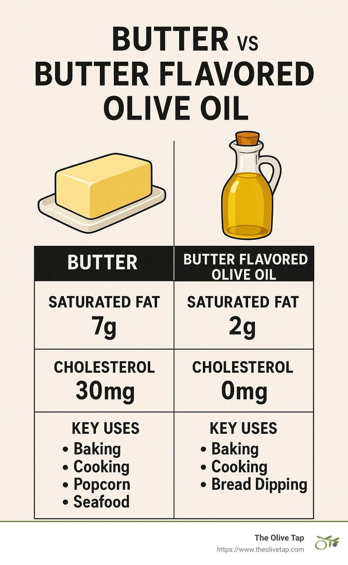 Comparison chart showing nutritional differences between butter and butter flavored olive oil, including saturated fat content (7g vs 2g), cholesterol (30mg vs 0mg), and key uses (baking, cooking, popcorn, seafood, bread dipping) - butter flavored olive oil infographic 