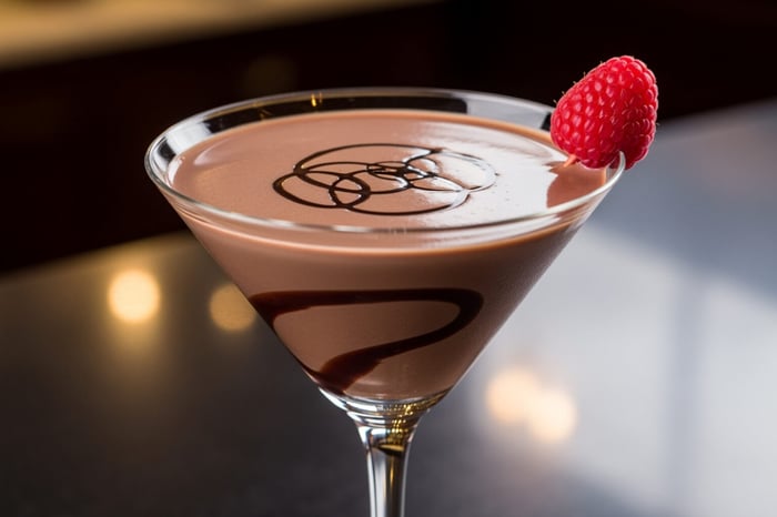 an neat chocolate martini garnished with a raspberry. - how to use dark chocolate balsamic vinegar