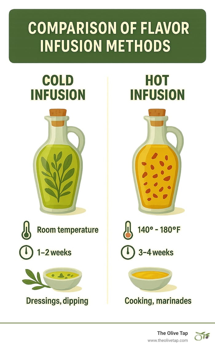 Comparison of flavor infusion methods showing cold vs hot infusion techniques with temperature ranges, shelf life, and best uses for each method - flavor infused olive oil infographic