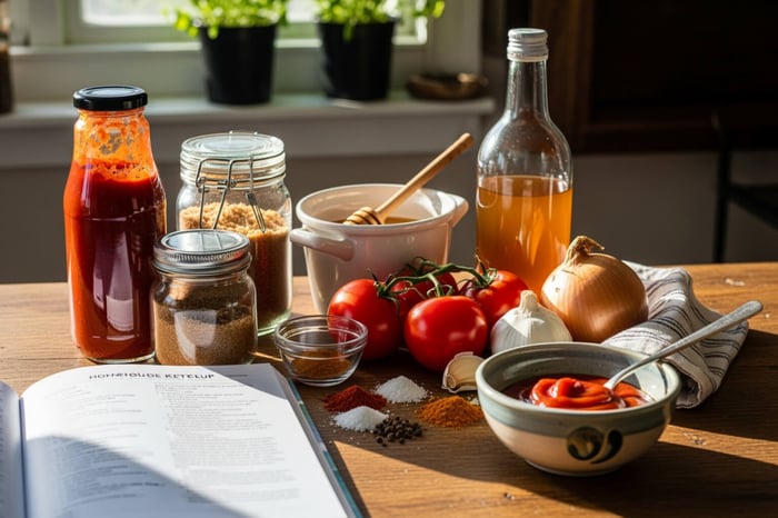 ingredients for a homemade sauce laid out on a counter - sweet and tangy