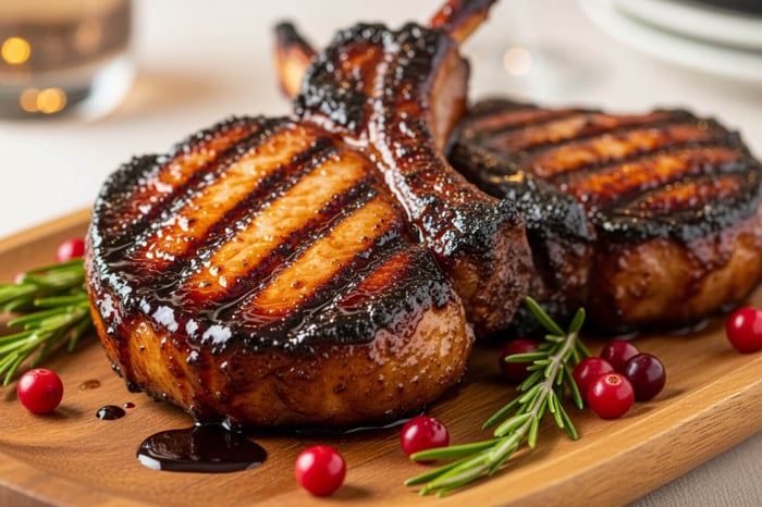 glistening, balsamic-glazed pork chops on a platter. - how to use dark chocolate balsamic vinegar